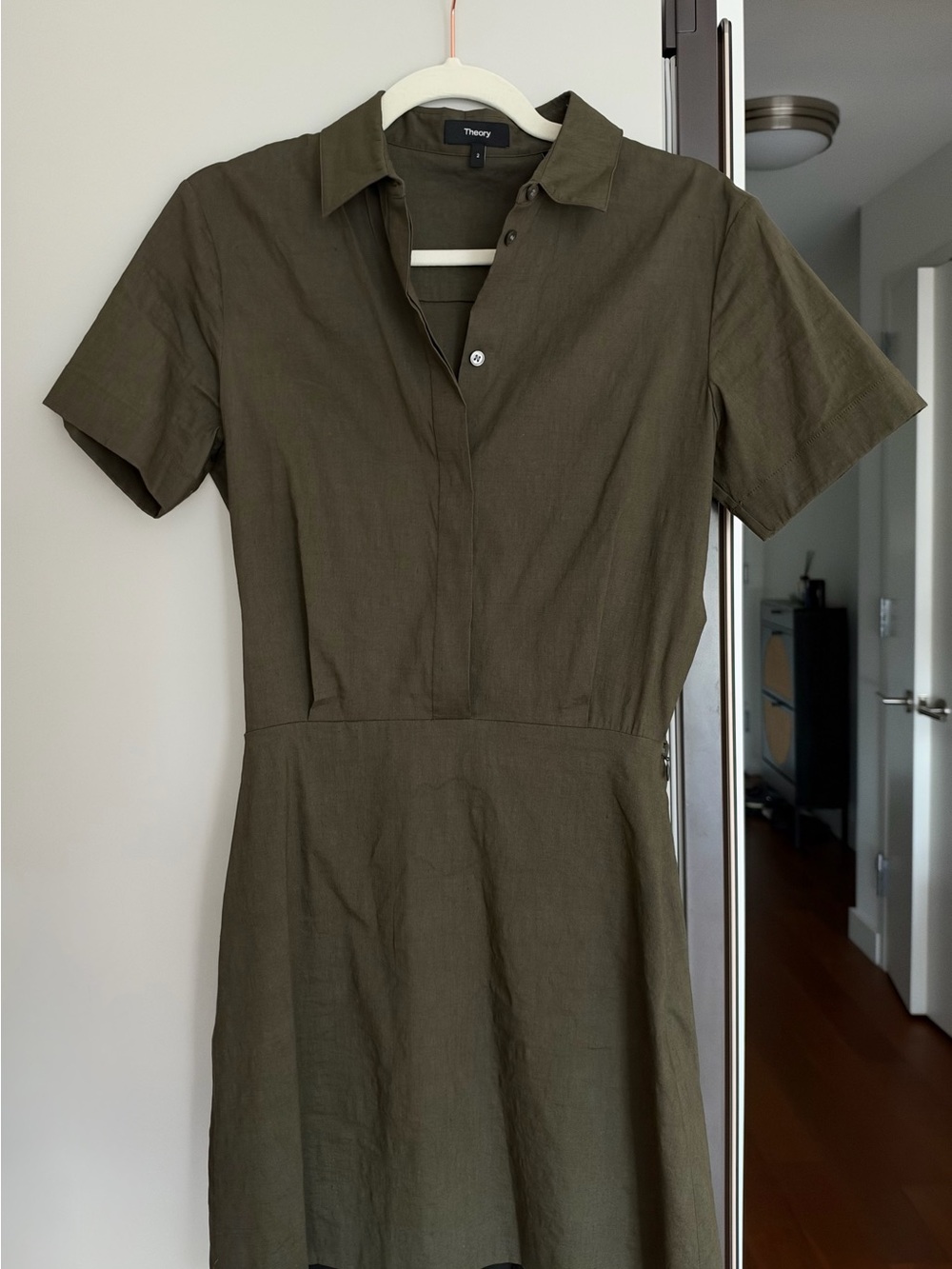 Theory Olive Short-Sleeve Collared Shirt Dress